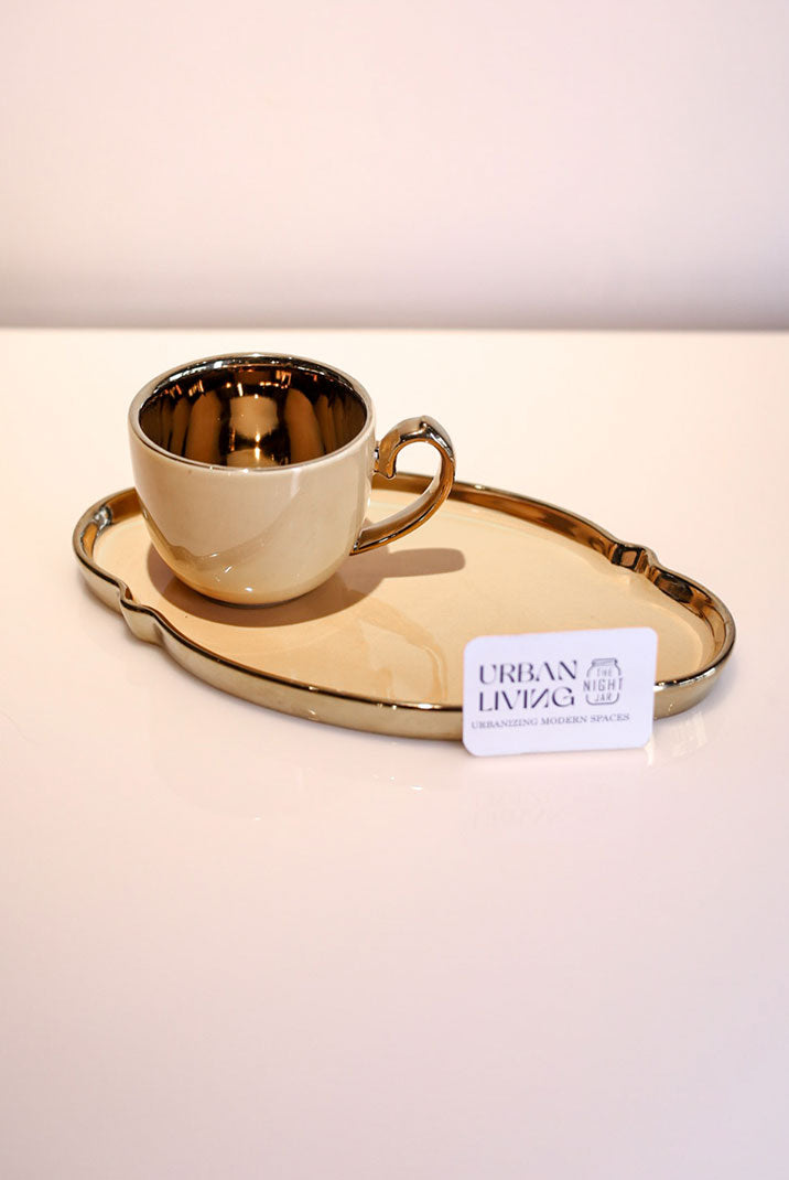 Elegant Beige and Golden Cup & Platter Set