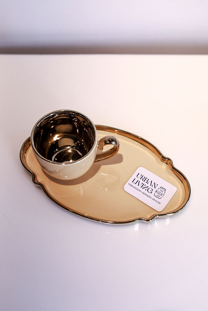 Elegant Beige and Golden Cup & Platter Set