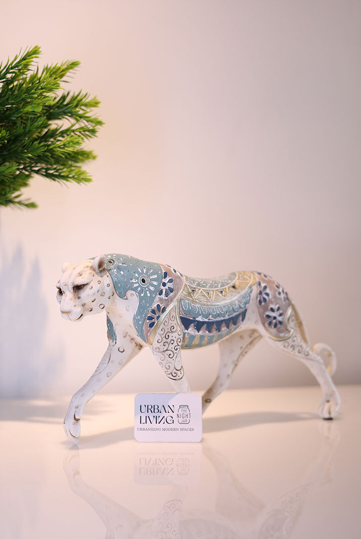 White and Blue Stride Panther Sculpture