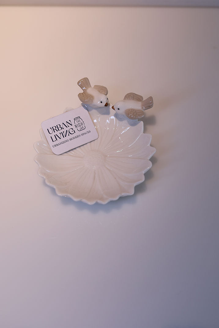 Pearlescent Serenity: Leaf-Cornered Plate with Lovebirds