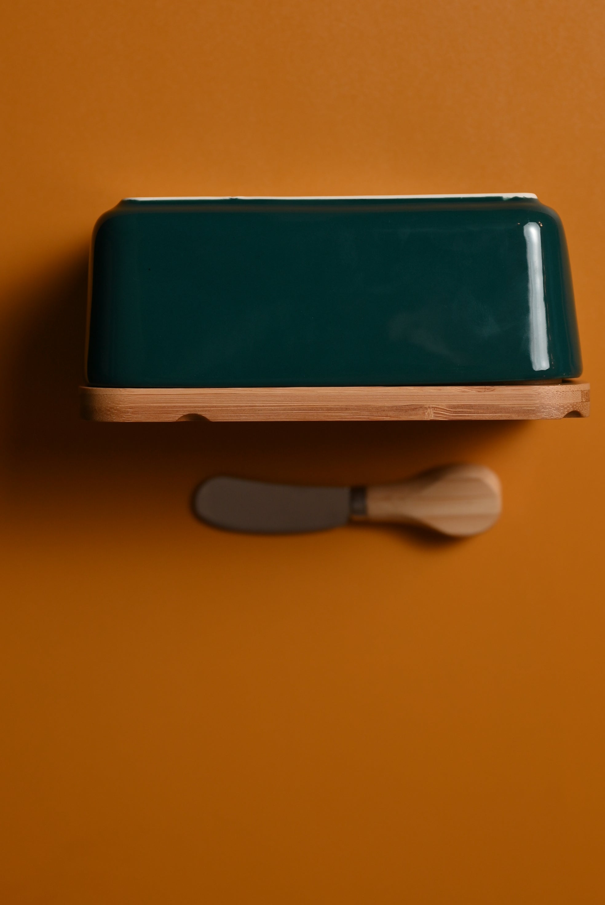 Green Ceramic Butter Box with Wooden Lid and Knife Urban Living Jaipur