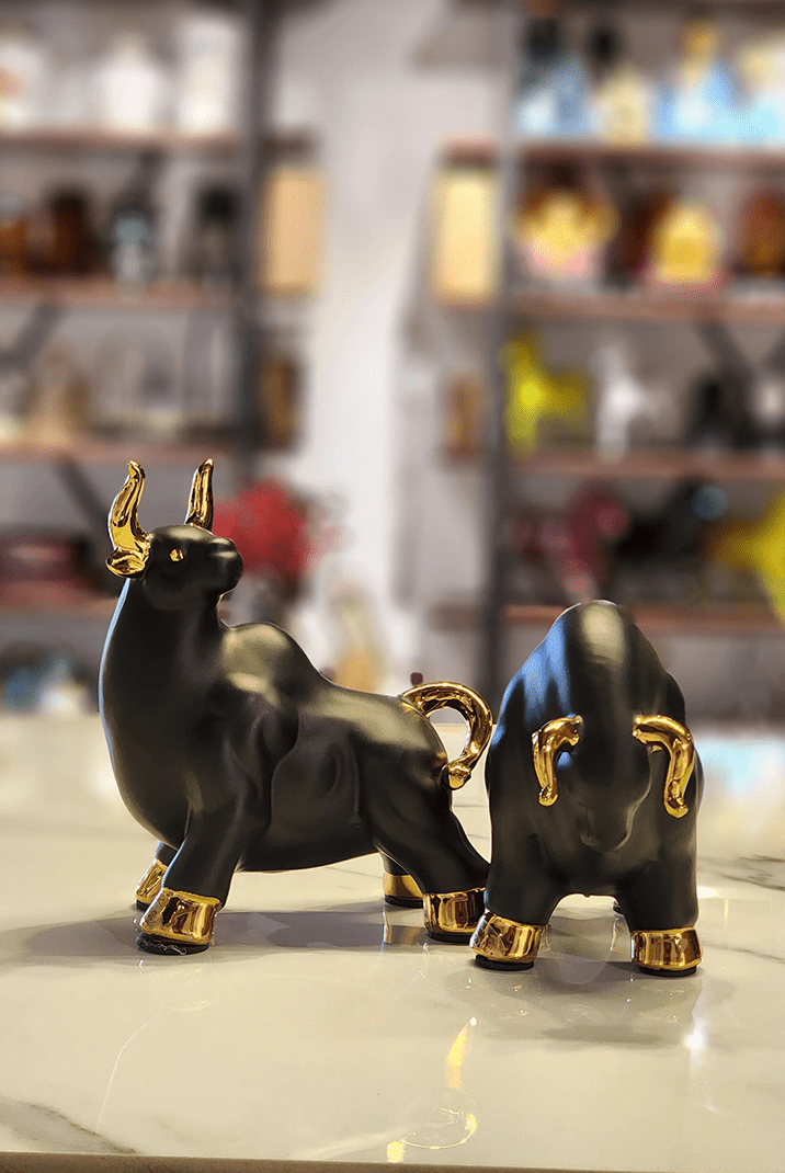 Matt Textured Black Bull Figurines Set of 2