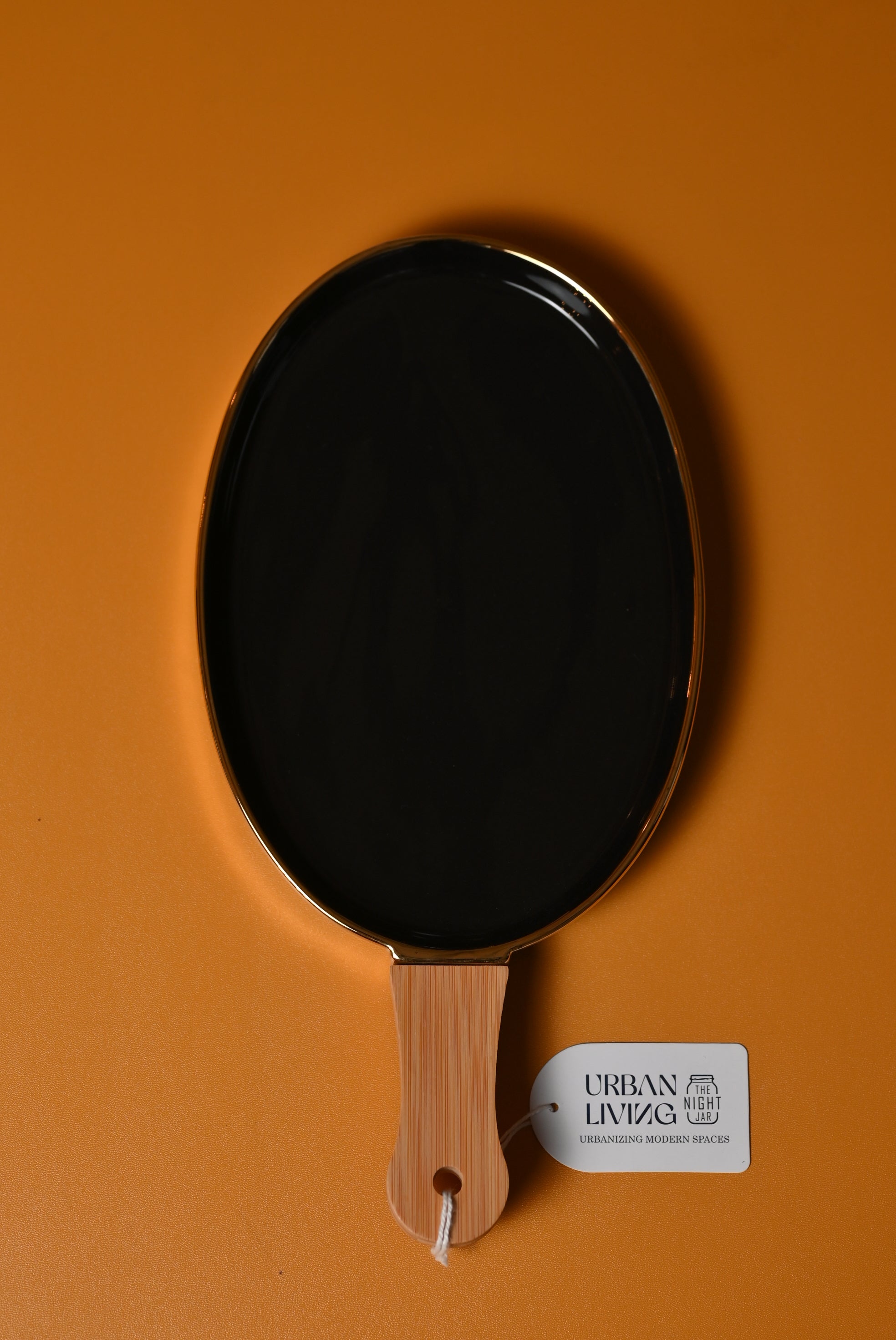 Oval Black Porcelain Platter with Wooden Handle