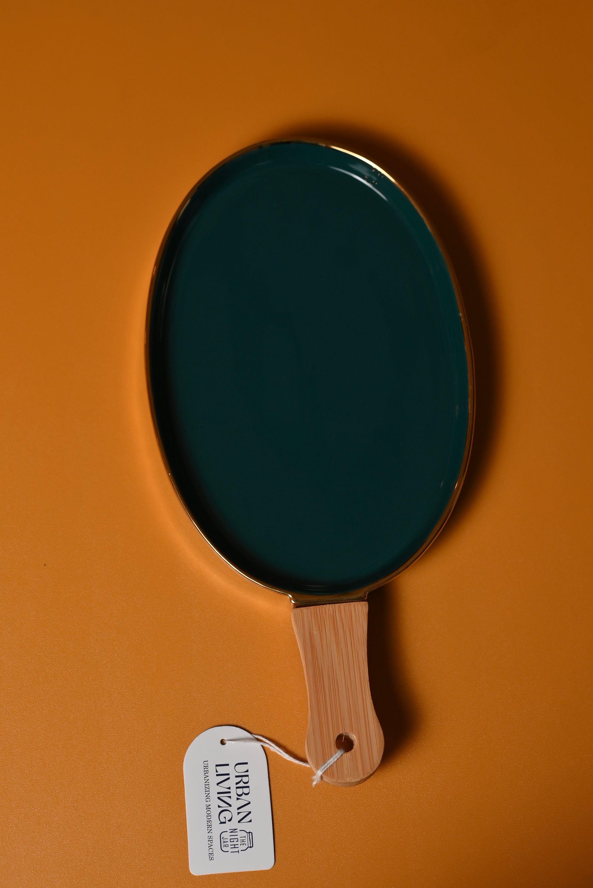 Oval Green Porcelain Platter with Wooden Handle