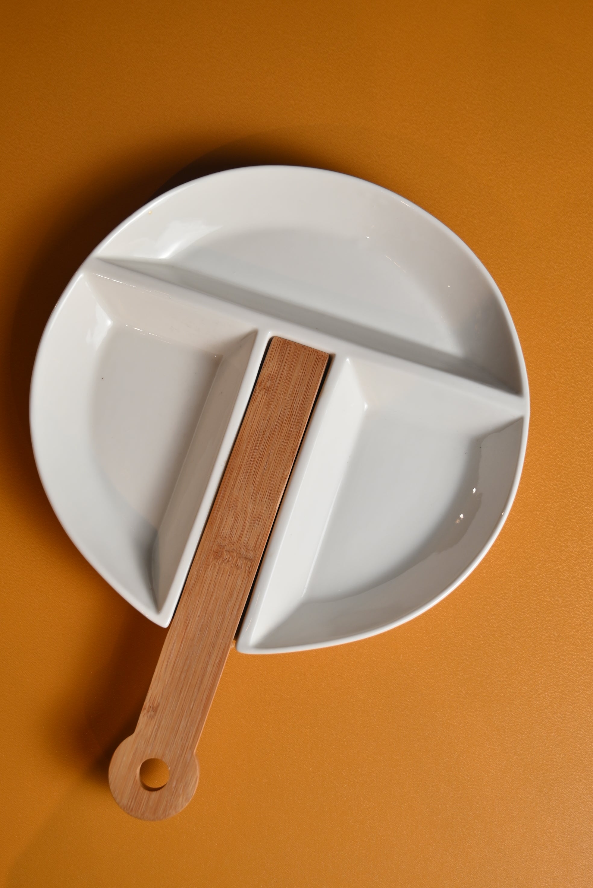 Sectioned wooden handle platter