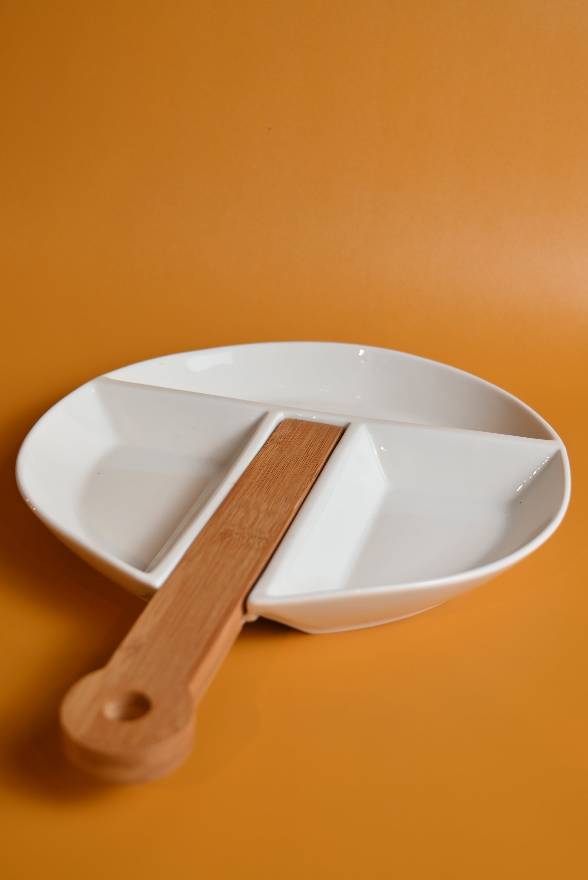 Sectioned wooden handle platter