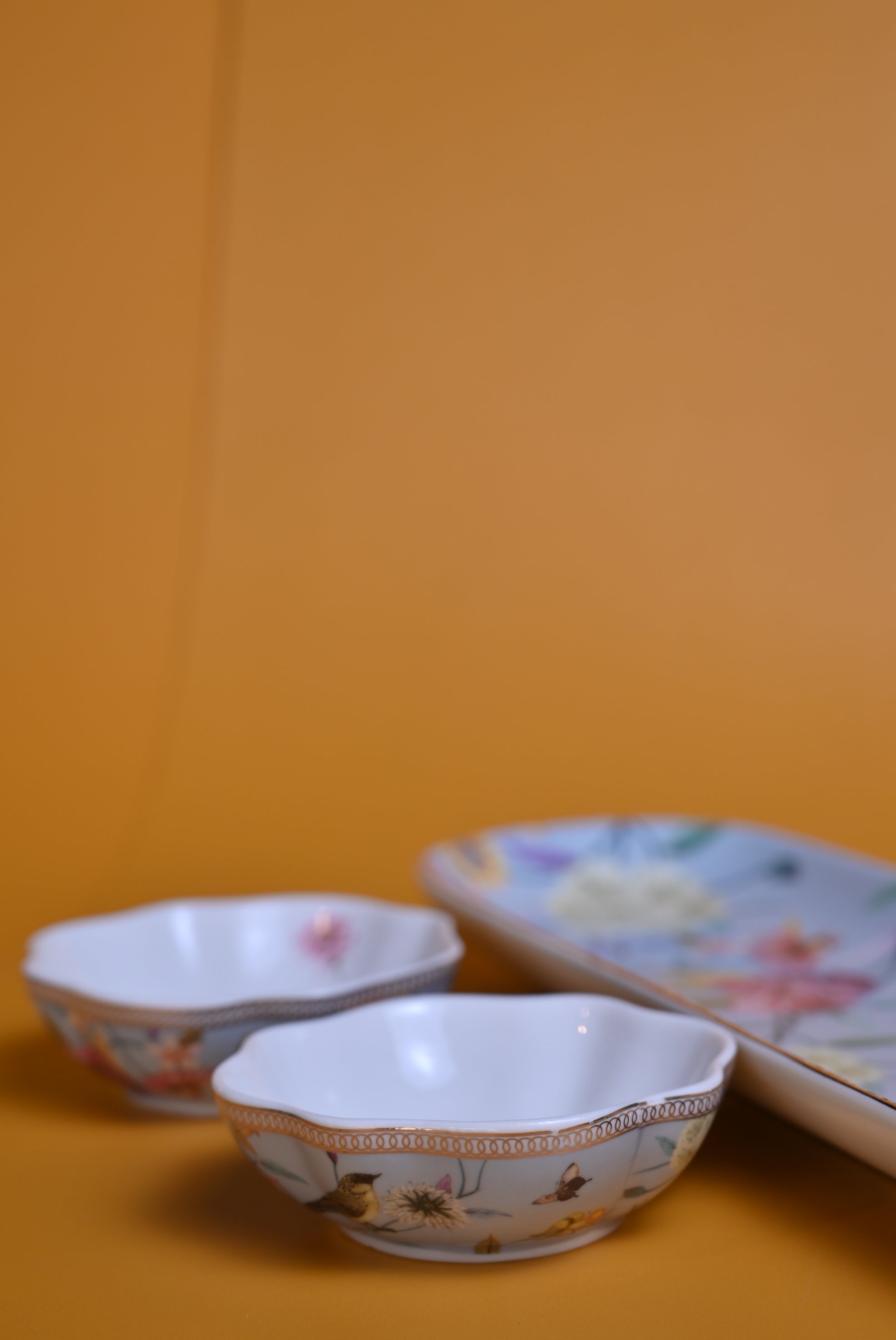 Sky Blue Floral Bone China Bowl and Platter Set of 3