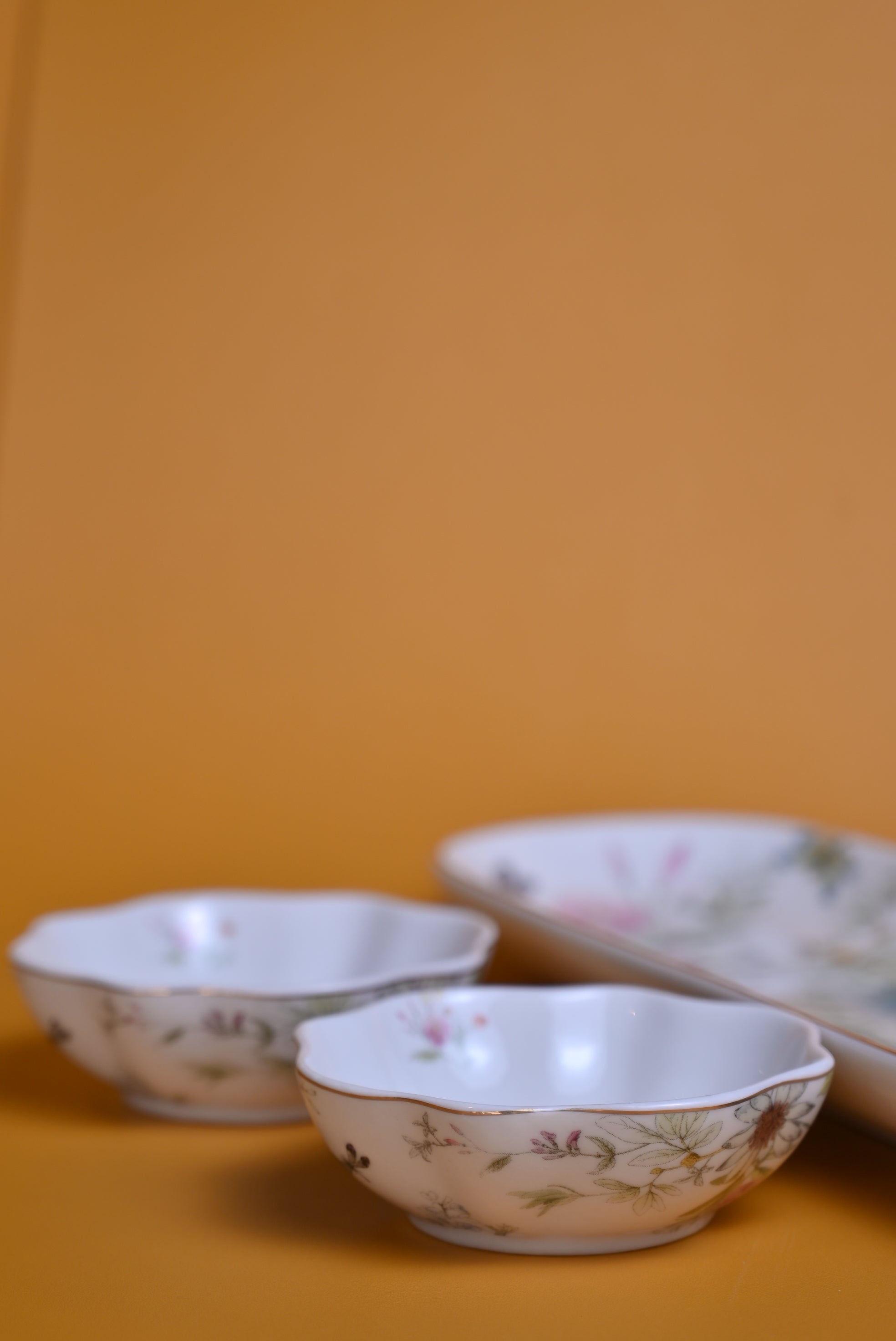 White Floral Bone China Bowl and Platter Set of 3 Urban Living Jaipur