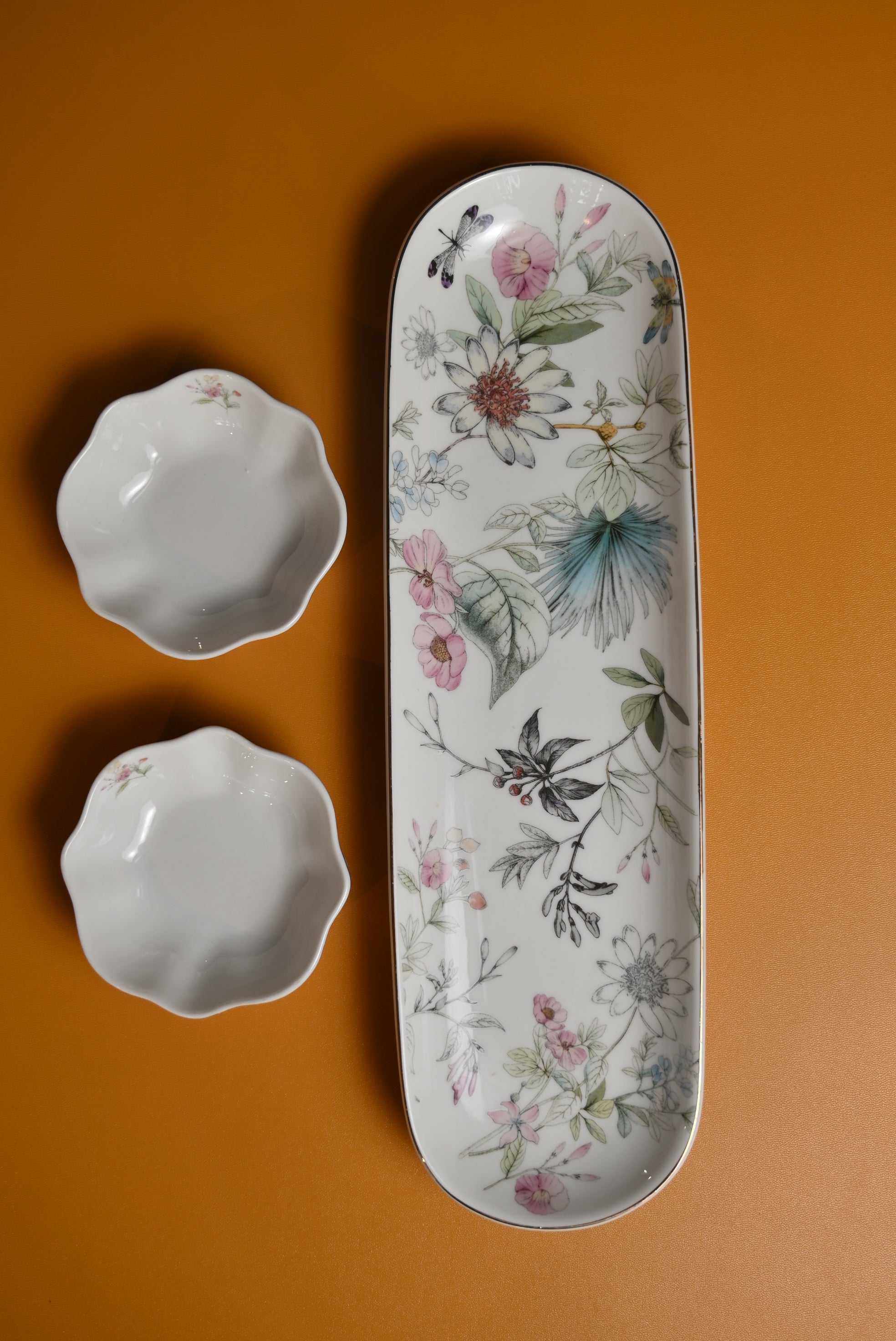 White Floral Bone China Bowl and Platter Set of 3