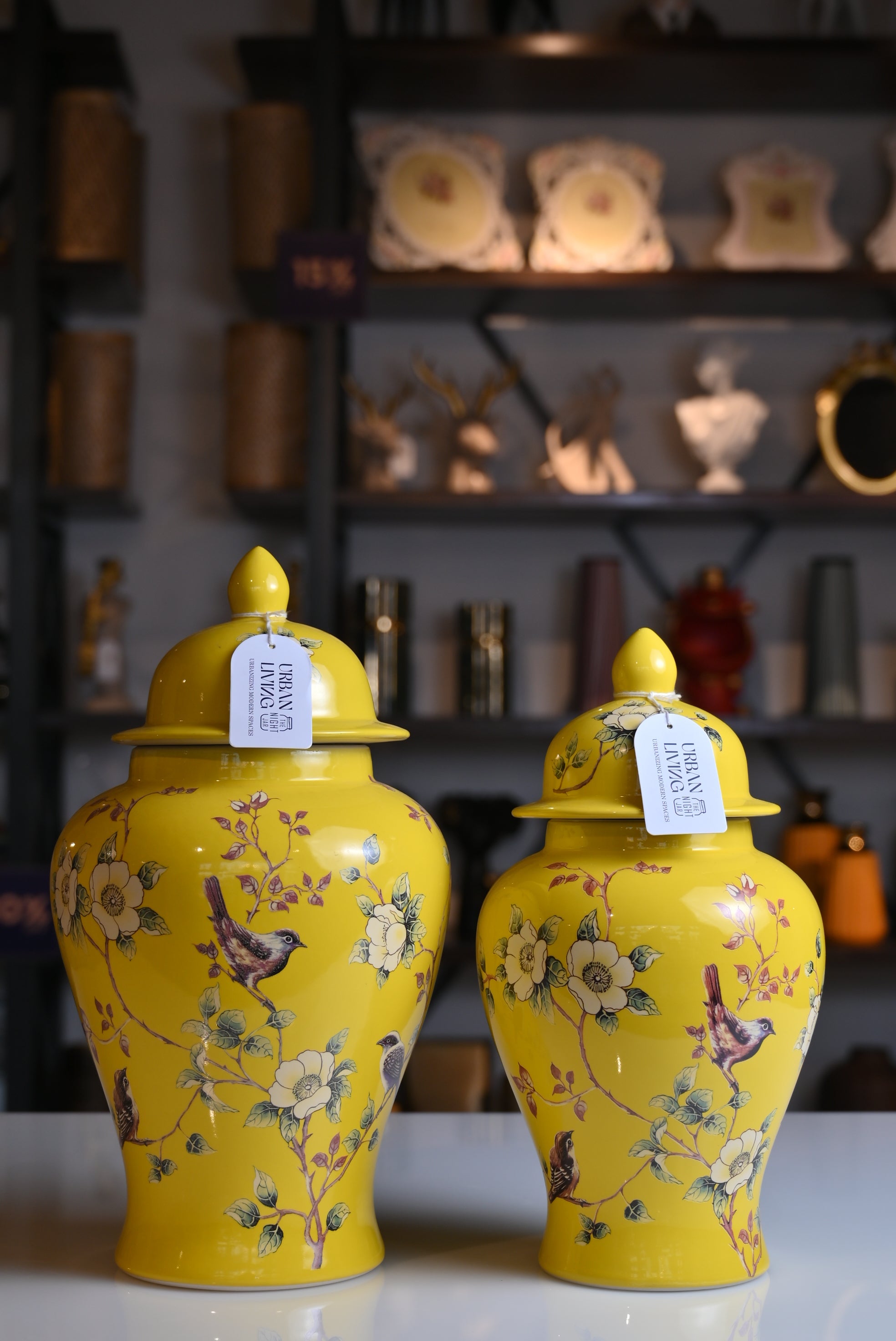 Yellow Ceramic Floral Print Vase